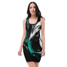 Womens Stretch Fit Bodycon Dress - Black Green White Abstract Pattern