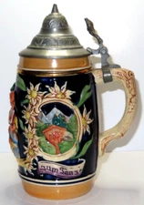 German Beer Stein Pewter Lid w/ Raised Relief Tavern Scene 8.5" Tall
