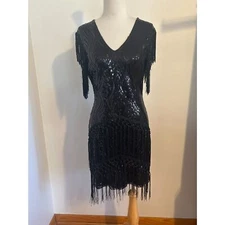 BABEYOND Flapper Dress Women's M Black Fringed Sequin Roaring Sleeveless V-Neck