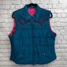 Roper Reversible Pink Teal Blue Embroidered Western Puffer Vest Zip Up Large