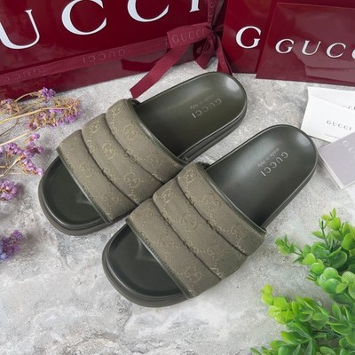 Gucci GG Monogram Quilted Slide Sandals Green Canvas Fabric 7 G or 7.5 US 41 EU*