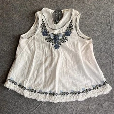MAX STUDIO Top Women’s S White Blue Floral Embroidery Tassels Tank Boho Cotton