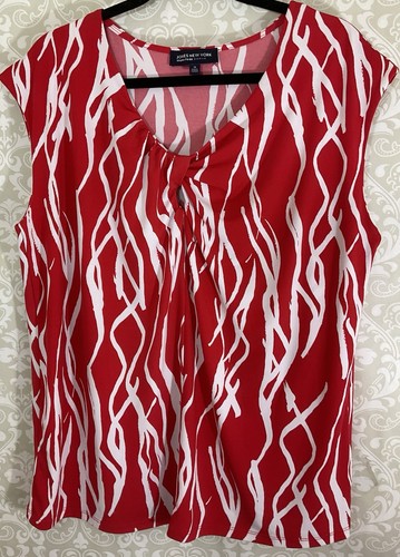 JONES NEW YORK Damen Bluse 1X rot weiß ärmellos Stretch Ausschnitt Akzent