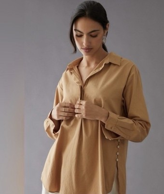 Anthropologie Camel Brown Button-Side Cotton Tunic Blouse Long Sleeve Boho Small