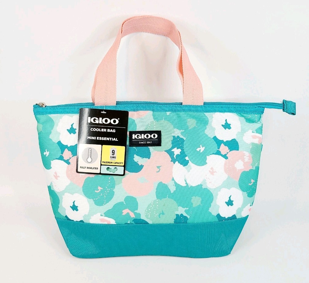 Bag Lunch Tote Insulated Zip Closure Teal Floral Pattern