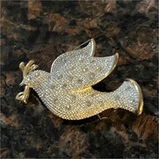 Gold Metal Rhinestone Bird Dove Brooch Pin Clear Accent Animal Theme