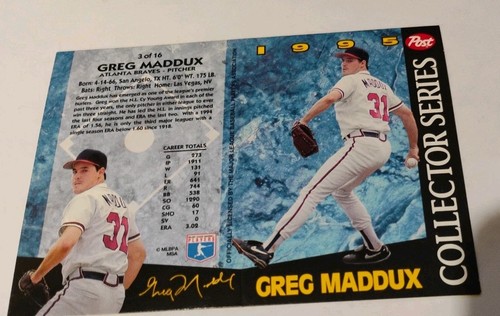 3 1/2" x 5" FOLDED BASEBALL ATLANTA BRAVES GREG MADDUX POST CEREAL 1995 CARD - Picture 3 of 3