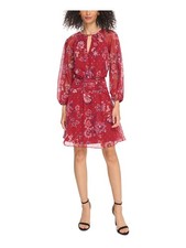 VINCE CAMUTO Womens Red Lined Balloon Sleeve Fit + Flare Dress Petites 2P