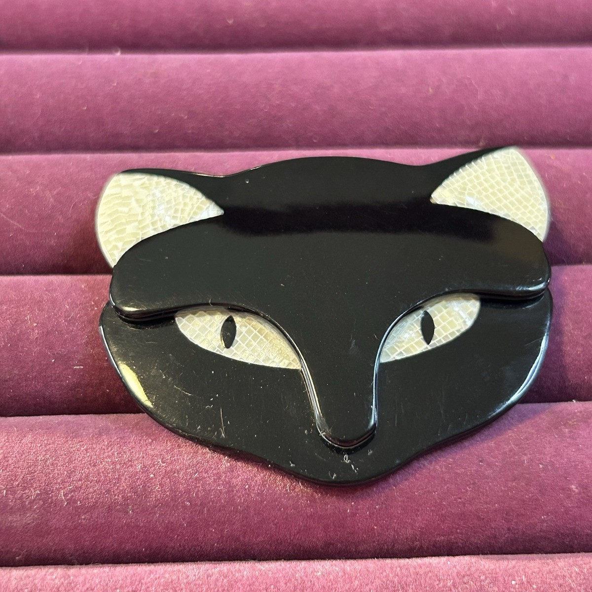 Vintage Lea Stein Paris Black Cat Head Celluloid Brooch Pin