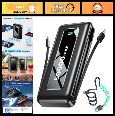 50000mAh Portable Power Bank, Fast Charging Battery Pack with Built-in Cables, L