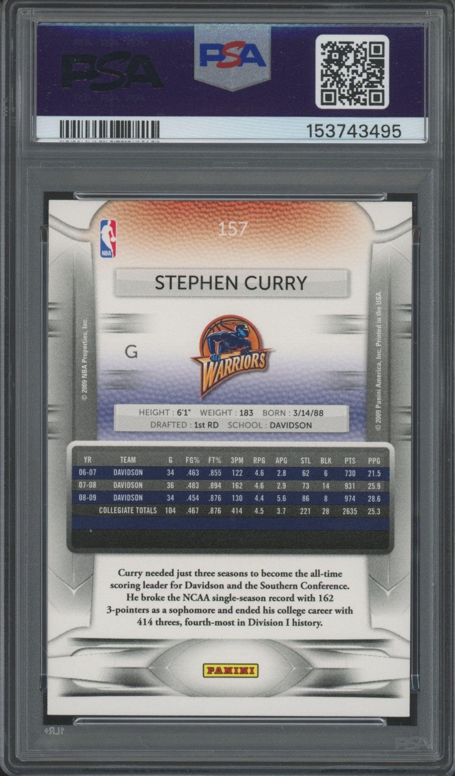 2009 Panini Prestige #157 Stephen Curry RC Rookie Gem Mint PSA 10 view 2