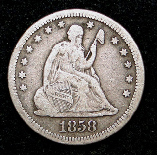 1858 SEATED LIBERTY QUARTER OLD US TYPE COIN