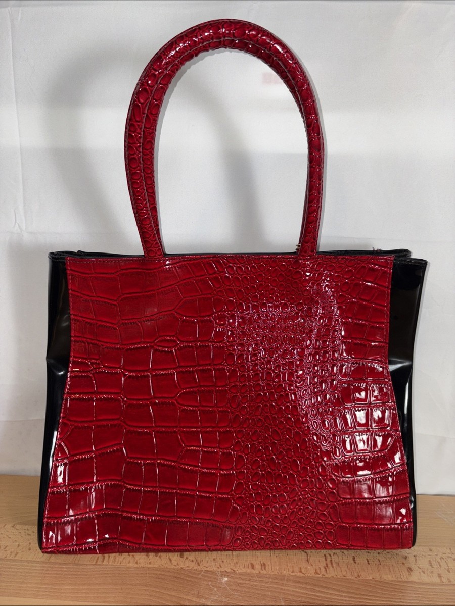 Elizabeth Arden Tote Red & Black Shiny Faux Leather Croc Texture w
