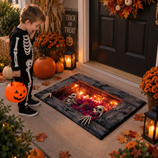 3D Skeleton Grave Halloween Rug, Spooky Crypt Optical Illusion Floor Mat Decor