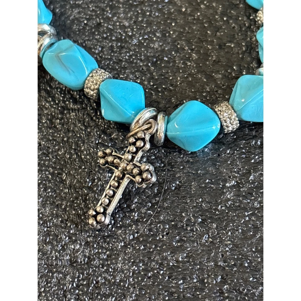 Pulsera Piedra Turquesa Tono Plata Cruz Dijes Religiosos Boho Chic Joyería Foto 2 de 4
