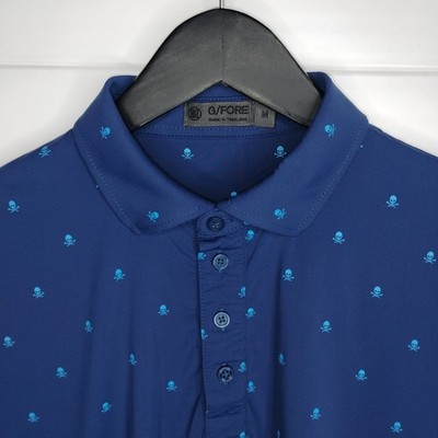 G/FORE Polo Shirt Mens Medium Blue Skull Crossbones Performance Golf Logo 1919