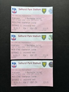 MANCHESTER UNITED vs WIMBLEDON 1996 3 x Seat Tickets 17th August 1996 Used