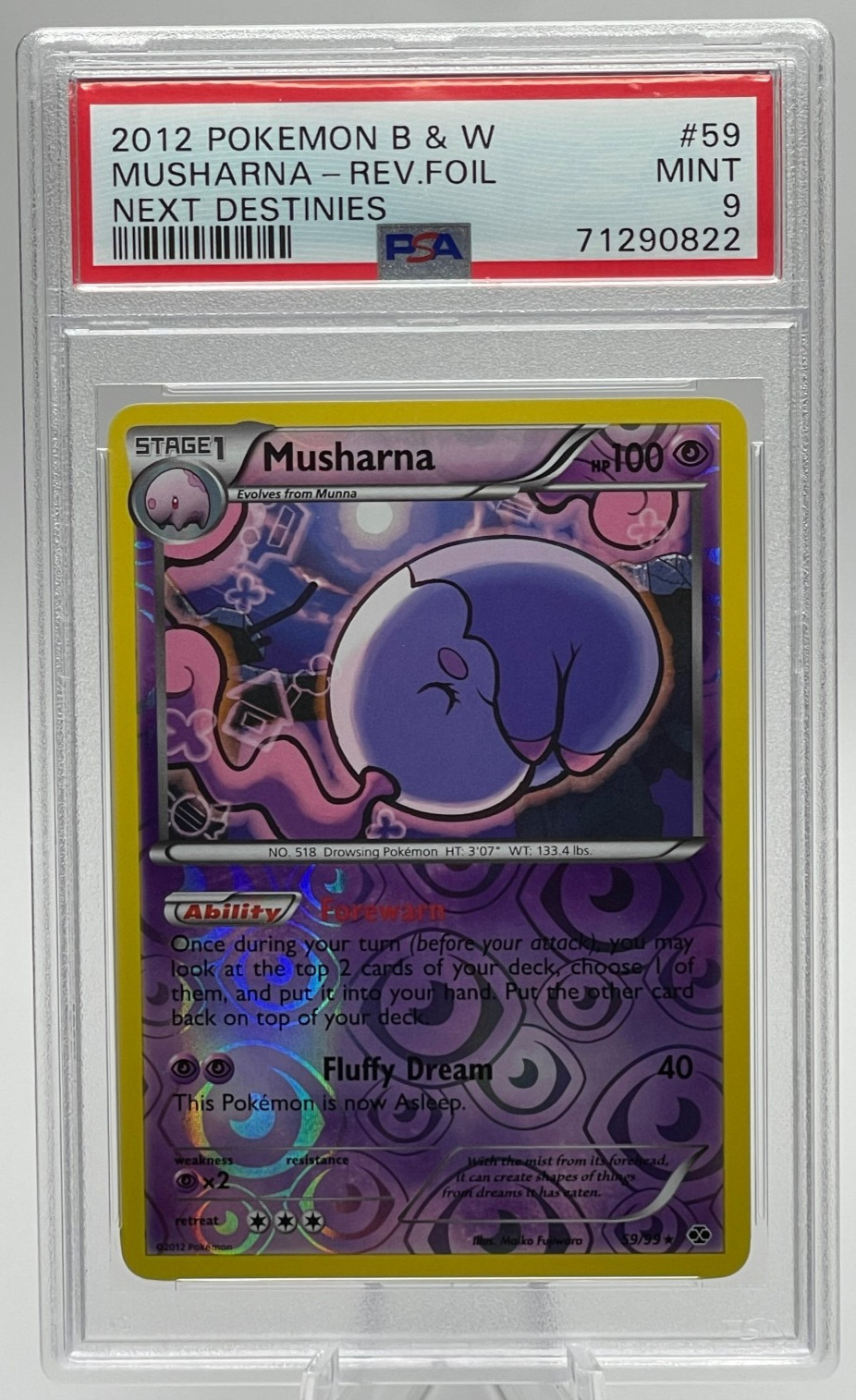 2012 POKEMON BLACK & WHITE NEXT DESTINIES #59 MUSHARNA REVERSE FOIL PSA 9 MINT