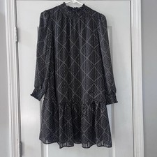 J Crew High Neck Black Dotted Ruffle Shift Dress Metallic Drop Waist XXS