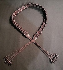 Vtg Macrame Wood Beaded Waist Tie Belt Fringe Dark Brown Hippie Boho 32"