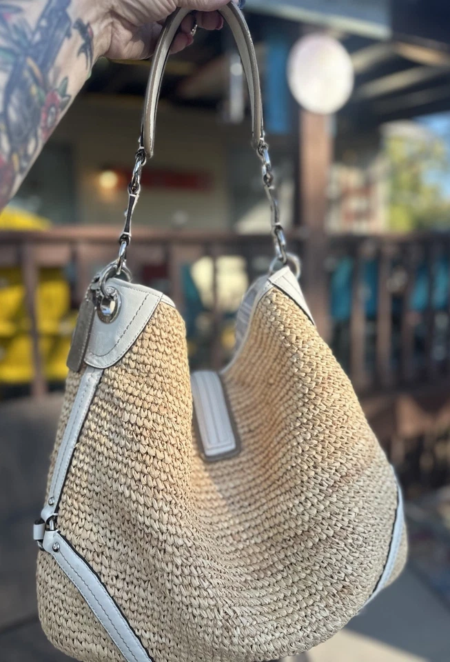 Coach Woven Straw Shoulder Bag White Leather Accents Dust Bag Included Purse - Image 3 of 4