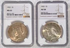 (2) 1922 $1 Silver Peace Dollars - NGC MS 63 & AU 58