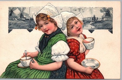 Two Dutch Girls Drinking Tea / Hot Chocolate - Windmills - Unposted Postcard