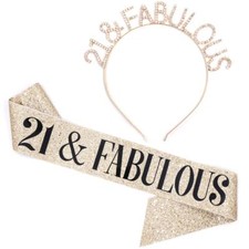 21 and Fabulous Sash  Rhinestone Headband Set - Gold Glitter Birthday Sash 2...