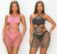 Womens Sexy Fishnet Mini Dress Sheer Clubwear Cut Out Bikini Cover Up Beachwear