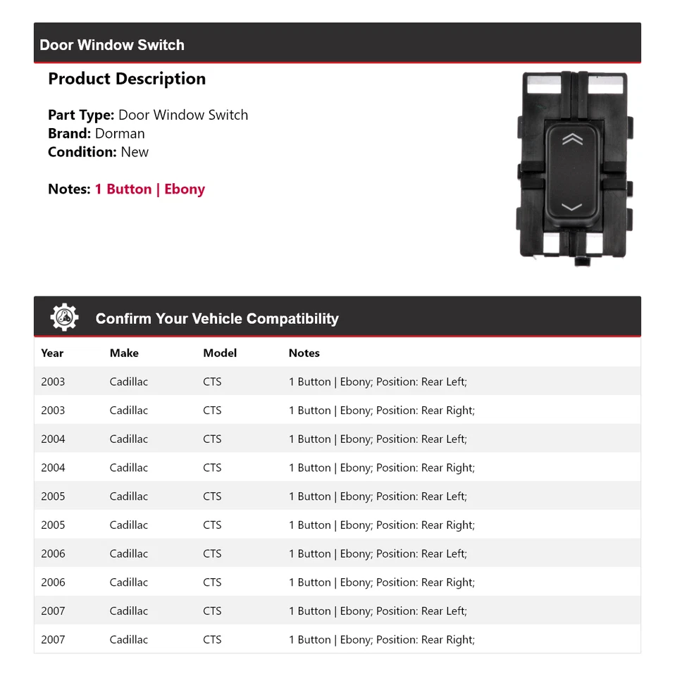 Interruptor de ventana de puerta para Cadillac CTS Dorman 2003-2007 2004 2005 2006 Foto 2 de 4