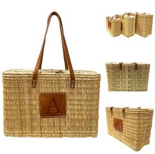 Strohtasche Korb Tasche mit Ledergriff Shopper Sommer Strand rechteckig 3 Größen