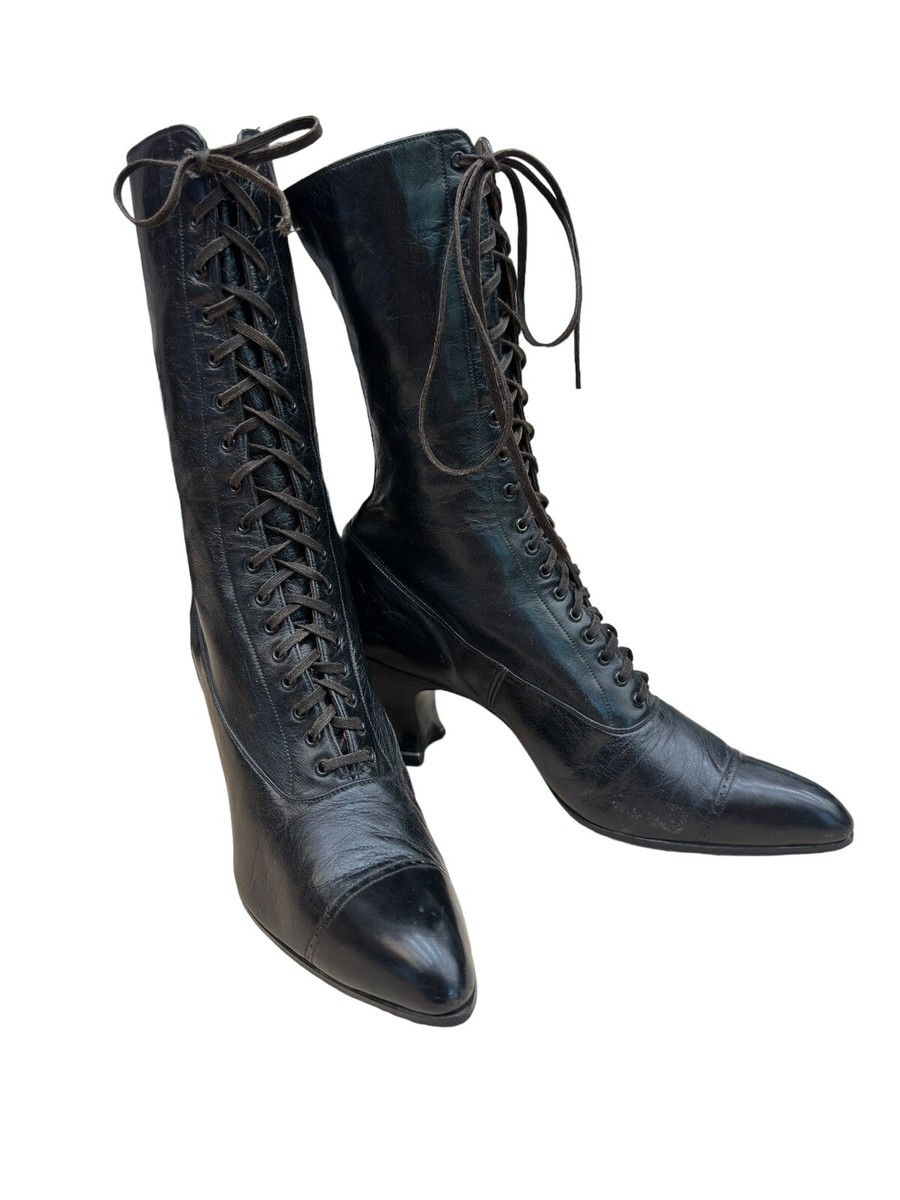 Original Vintage 1910s-1920s Black Lace Up Louis Heel Boots