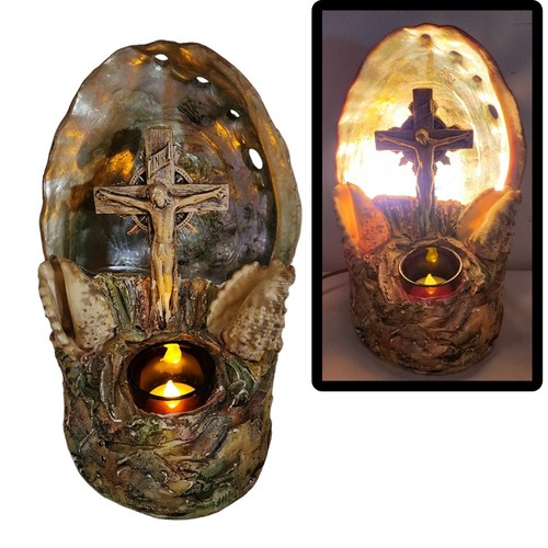 Vintage Kruzifix Muschel Muschel Handarbeit Leuchte Lampe katholisch Nachtlicht rustikal