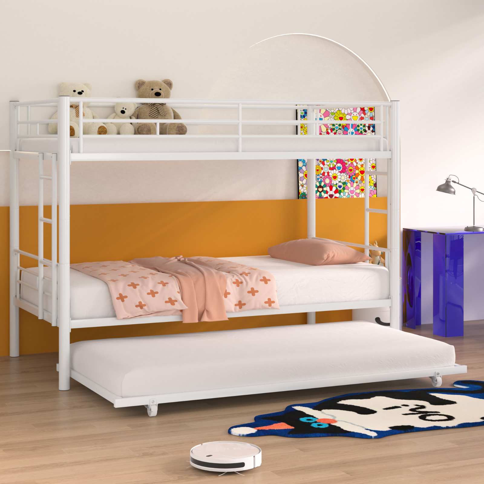 Twin Over Twin Metal Bunk Bed with Trundle Loft Bed Frames Ladder Home School