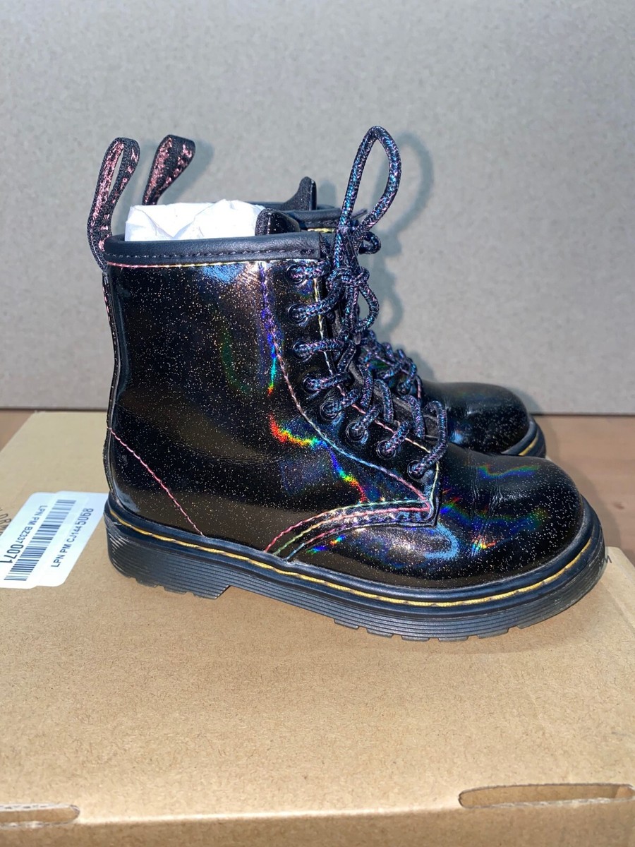 Doc Martens Girl's Combat Boots Sparkly Black Rainbow 1460J Side