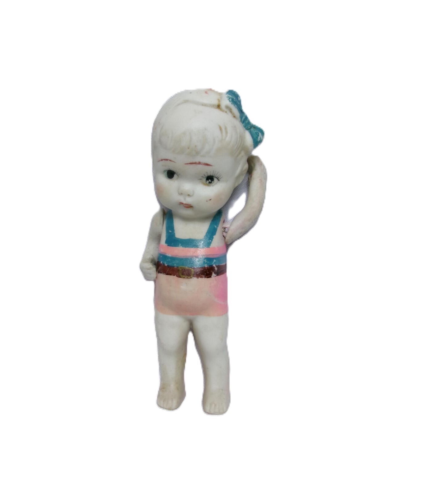 Unique Vintage Hand Painted Bisque Jointed Porcelain Doll in Bathing Suit -Japan