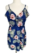 C Blue Chiffon Floral Mini Fit & Flare Dress Spaghettis Strap Women Size M 