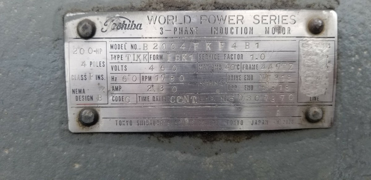 200 HP Toshiba AC Electric Motor 1800 RPM 447TZ Frame TEFCBB 460 V