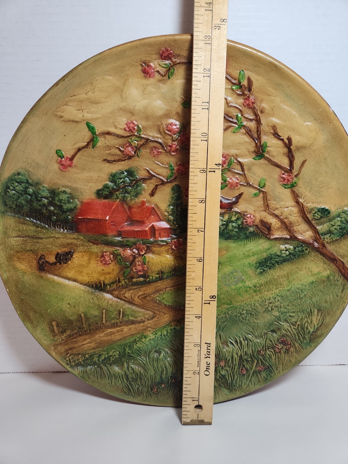 Vtg 1972 Byron Molds Country Farmhouse Spring Scene Ceramic Plate Wall Hanger