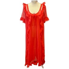 VTG 1960's Baby Doll Ruffle Coral Nylon 3 Pc Set Night Gown, Robe  Bloomers Med