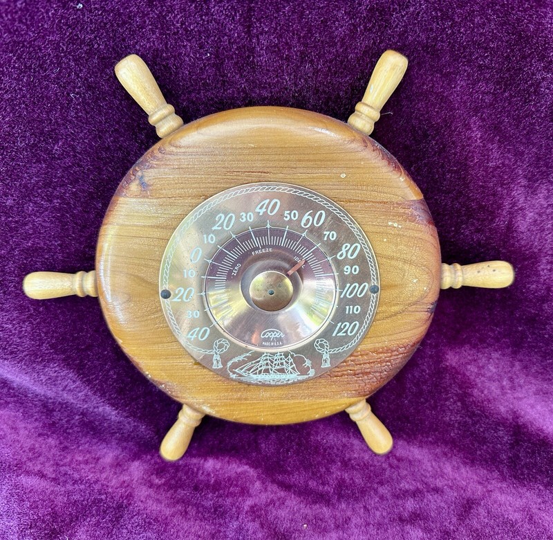 Vintage Cooper Wooden Helm Thermometer Hanging Wood MCM boat steering wheel