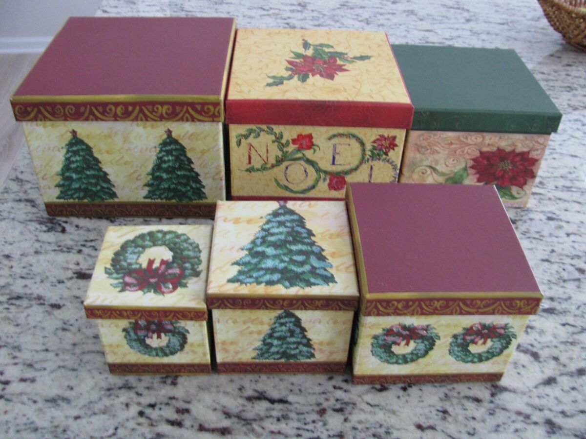SET OF 6 CHRISTMAS DECORATIVE SQUARE HARD CARDBOARD NESTING GIFT BOXES WITH  LIDS