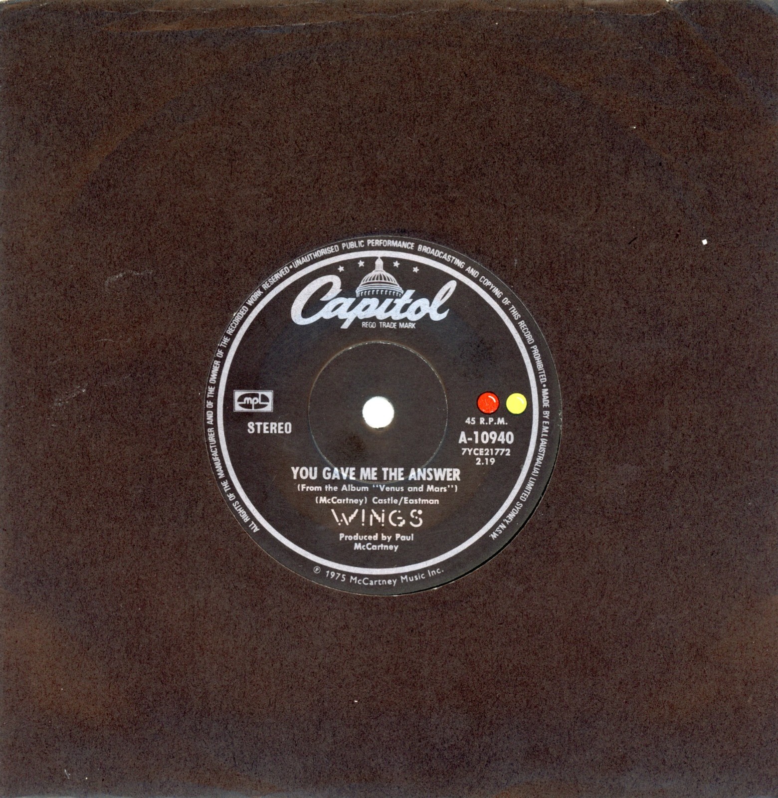Paul McCartney & Wings LETTING GO / YOU GAVE ME THE Australia Capitol