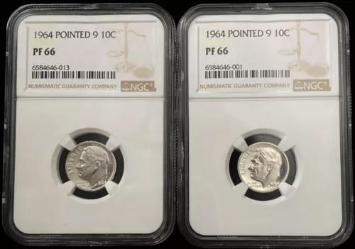Collector Lot of 5 -1964 Pointed 9 Variety Roosevelt Dime Certified by NGC PF 66
