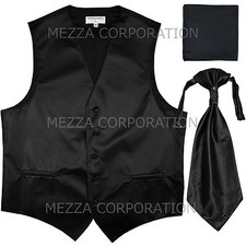 New Men's Tuxedo Vest Horizontal Stripes Ascot Cravat Hankie set party Black