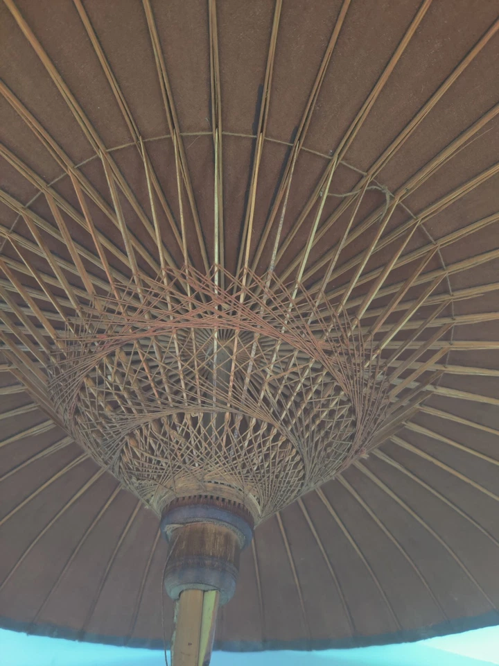 Victorian Era Japanese Bamboo Parasol Oil Hand Painted Fabric - Image 3 of 4