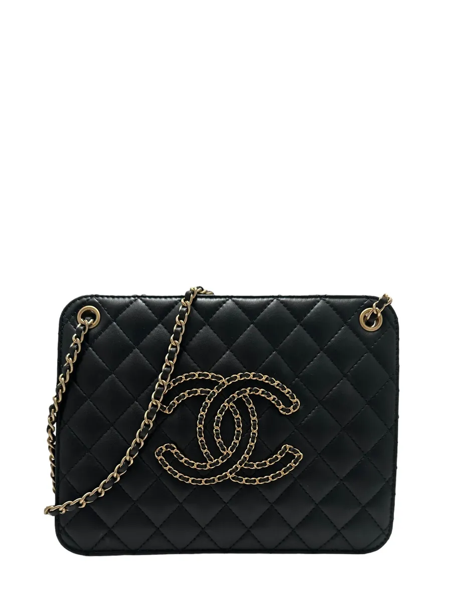 Authentic Chanel Black Calfskin Quilted Small CC Logo Chain Accordion Tote  Bag