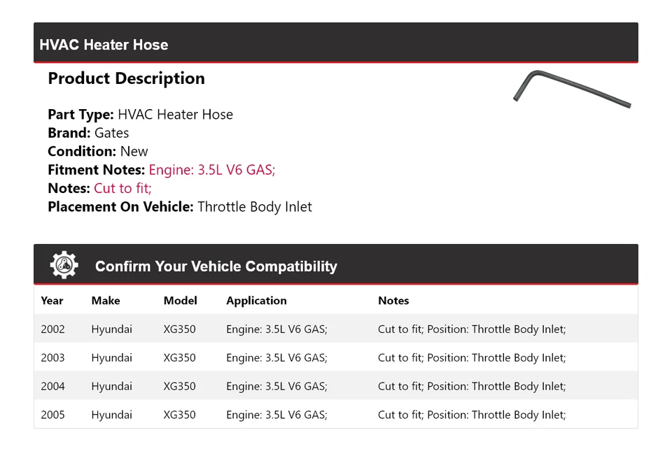 Para Hyundai XG350 2002-2005 HVAC Calefacción Manguera Acelerador Cuerpo Puertas de entrada 2003 2004 Foto 2 de 4