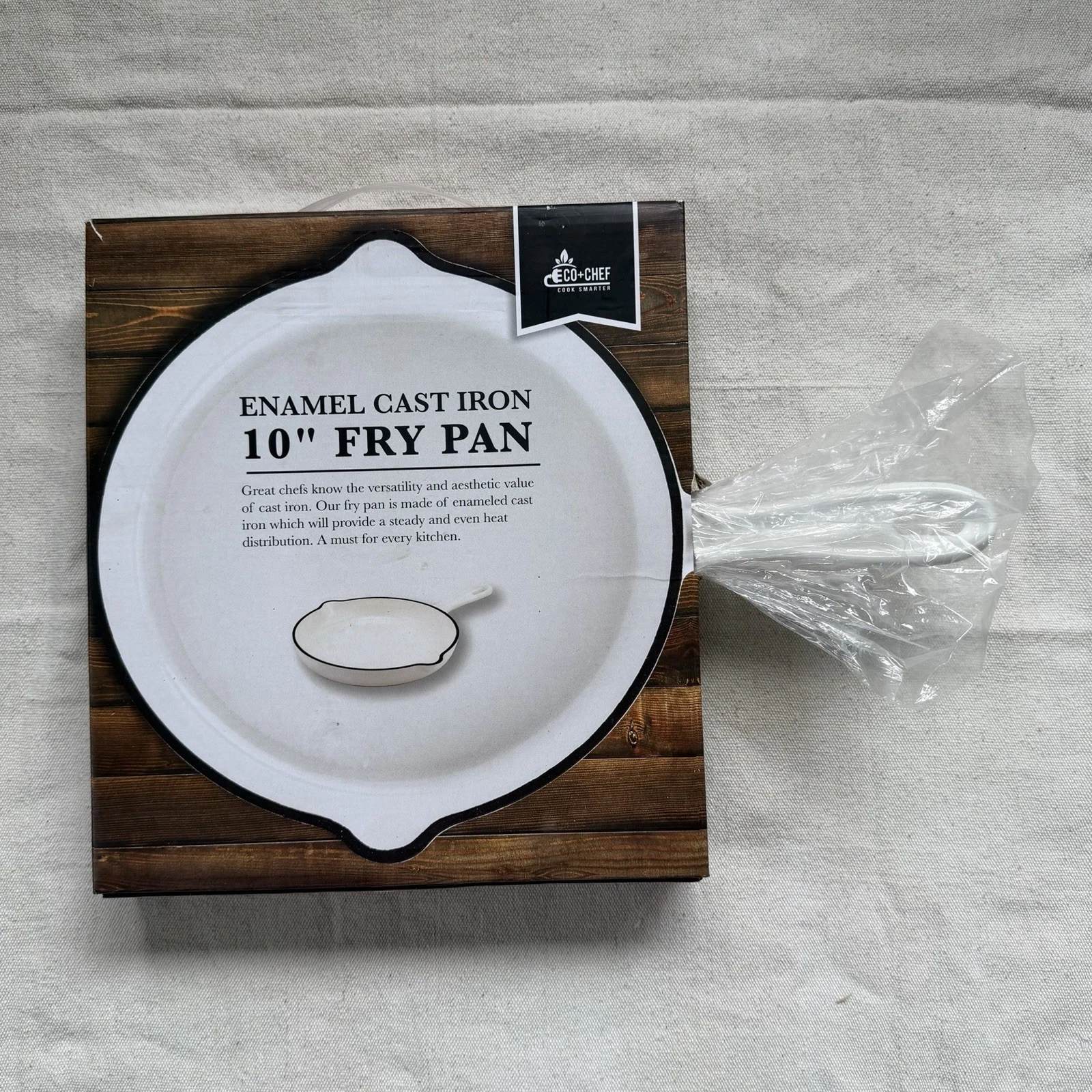NEW Eco+Chef 10" Enamel Cast Iron Fry Pan White w/ Black Rim Skillet