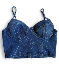 Women s Blue Polka Dot Denim Bustier Corset Top M Spaghetti Straps Hook Eye